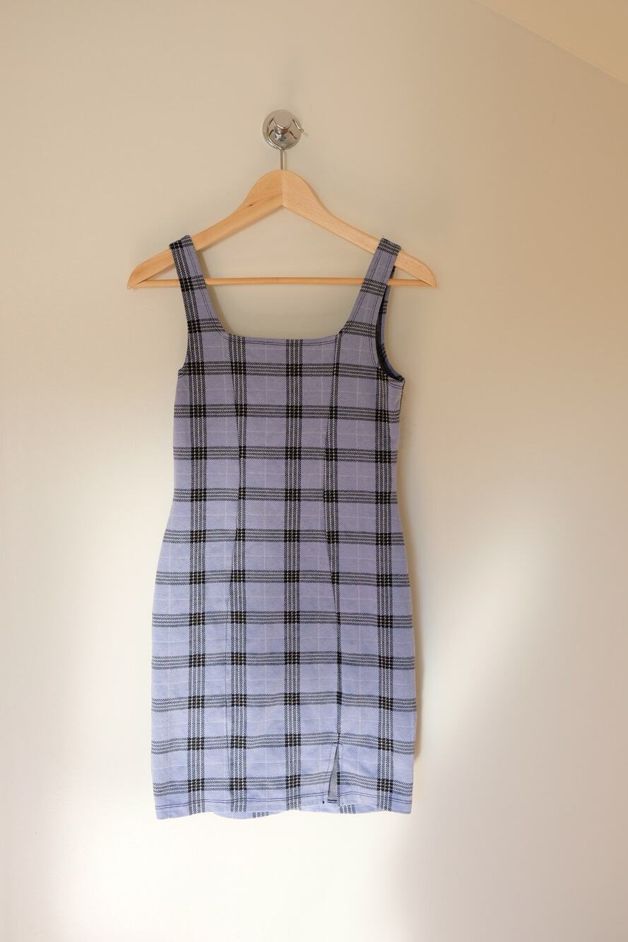 Lavender Plaid Mini Dress Sz L Y2K 90s Clueless Bodycon Stretch Knit Collegiate